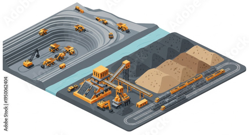 Industrial mining operation with heavy machinery and processing plant.