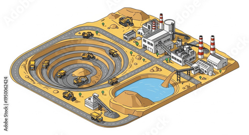 Industrial mining operation with open pit mine and processing plant.
