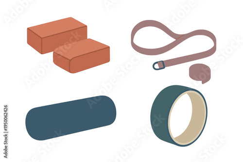 Workout accessories including yoga blocks, strap, roller, and wheel for fitness enthusiasts