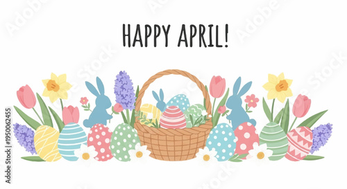 Colorful easter basket with eggs and flowers happy april greeting card springtime celebration