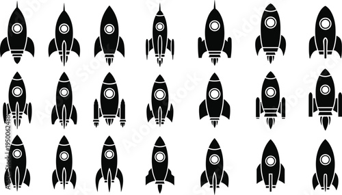 Rocket ship icons collection, space launch spacecraft silhouettes set, futuristic startup symbol technology exploration vector illustration pack