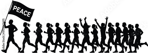 Silhouette group runners carrying peace flag during marathon run symbolizing unity freedom activism community sport movement isolated background solidarity teamwork