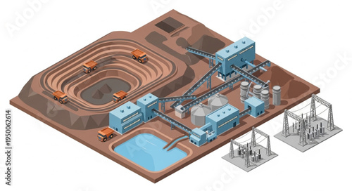 Industrial Mining Operation with Processing Plant and Water Reservoir.