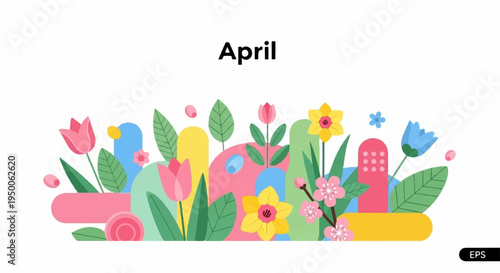 Vibrant floral illustration with colorful tulips daffodils and flowers in bloom on white background for spring