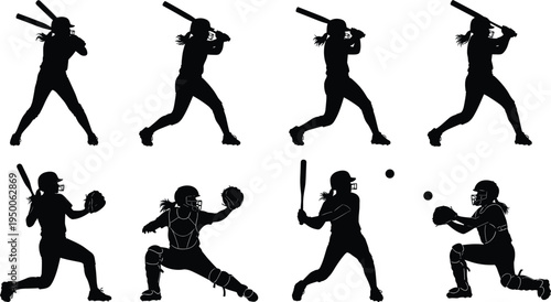 Softball player silhouettes set, female baseball athlete batting pitching catching sport action vector illustration collection isolated