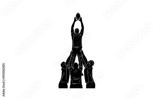 Rugby Lineout Jump and Lift Action Silhouette, Teamwork and Strategy Vector Sticker, Professional Rugby Union Match Illustration