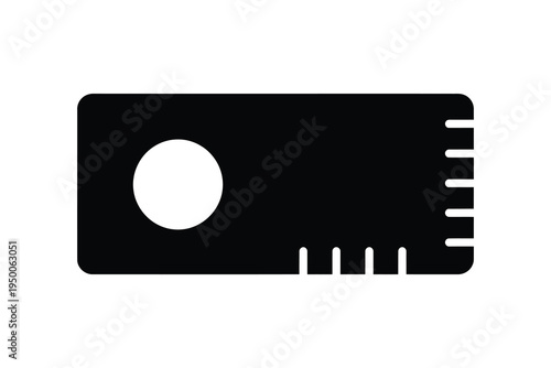 A black and white illustration of a computer chip or microchip, symbolizing technology and electronics, with a circular cutout and several vertical slots on a plain white background.