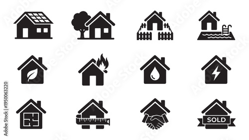 Residential Property Feature Icon Set for Real Estate Listings Showing Solar Energy Fire Water Pool and Sale Status