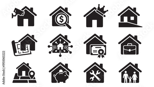 Real Estate Services Icon Set for Property Search Investment Finance Mortgage Certificate and Home Management Applications