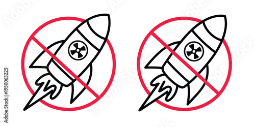 No, missile icon set with weapon ban and stop war symbols, representing disarmament, peace, and safety, clean modern flat vector design for apps, websites, signage, and user interface