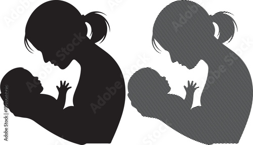 Mother Holding Newborn Baby Silhouette white background