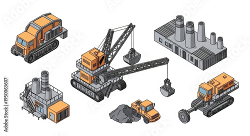 Industrial machinery and equipment isometric illustration collection.