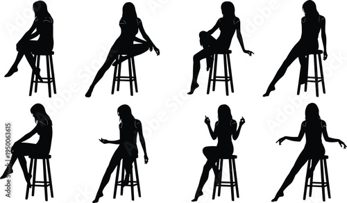 Woman sitting on stool silhouette collection, female pose set, fashion model silhouettes, elegant body posture vector illustration isolated
