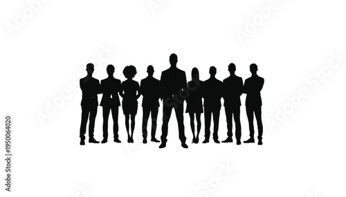 Ten diverse executive silhouettes stand united as a strong team demonstrating organizational strength.