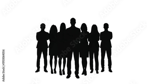 Group silhouette of diverse business professionals standing together with arms crossed against a stark white.