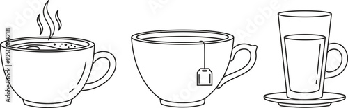 Set of various hot beverage cups and glasses hand-drawn line art vector illustration for cafe menus drink branding or web design