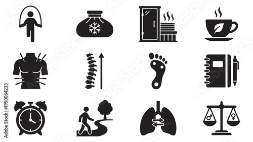 Health and Wellness Therapy Icon Set for Physical Fitness Chiropractic Sauna Nutrition Sleep and Lifestyle Balance