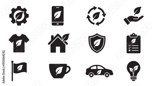 Eco Friendly Product and Sustainable Lifestyle Icon Set for Green Home Transport Clothing Shield and Digital Applications
