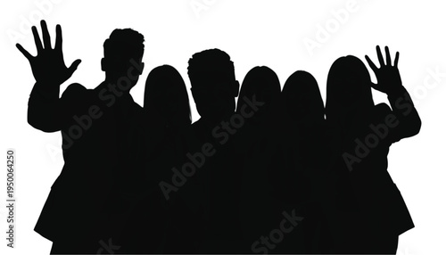 Group silhouette of five people waving hands enthusiastically against a bright white background for.