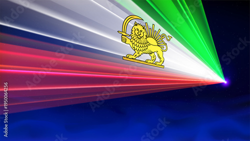 Laser flag of iran lion and sun. Iranian abstract flag. War, freedom. Laser show, dark background. Protest, riot, revolution. Template banner, poster for national holiday iran. Place for text. Vector