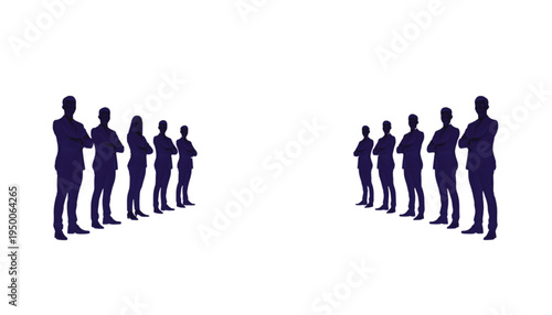 Two opposing teams of business silhouettes face each other across a large white gap illustrating conflict.