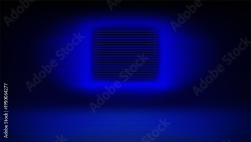 Abstract blue background, retro futuristic technology stage. Blue neon glow an old screen, laser mesh floor. Background for IT products, presentation, advertising. Space for text. Copy space. Vector