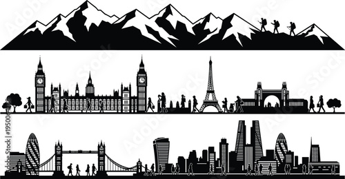 World landmarks skyline silhouettes set, mountains hikers city architecture panorama collection, travel tourism vector illustration design