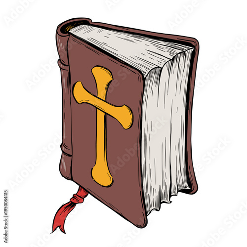 A closed brown book with a yellow cross on its cover, a red ribbon bookmark hanging below, and slightly fanned pages suggesting thickness and age. It visually represents a Christian Bible.