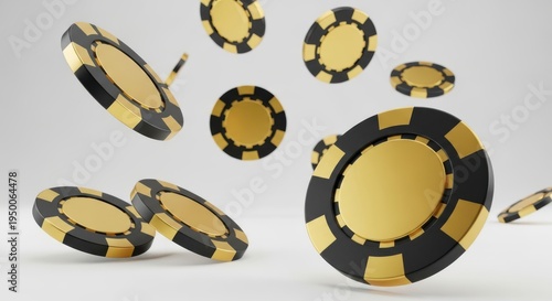 Golden and black casino chips are scattered and floating in a dynamic composition against a light grey background, suggesting a game of chance or a win