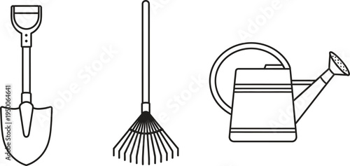 Set of essential gardening tools featuring a shovel rake and watering can in a minimalist outline vector design perfect for web and app interfaces