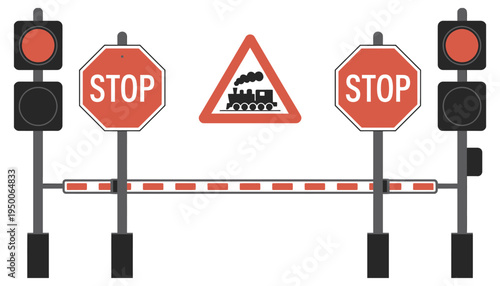 Traffic Safety, vector icons illustration including stop signs, red and green lights, railroad crossing warning signs, editable graphics for website, app, UI, template, modern flat design.