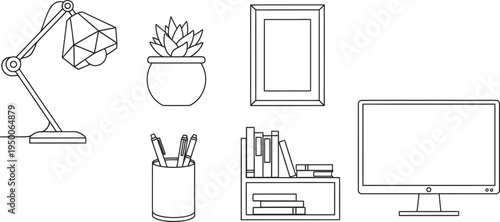 Set of minimalist outline icons for office and home workspace featuring desk lamp plant monitor and books ideal for UIUX design
