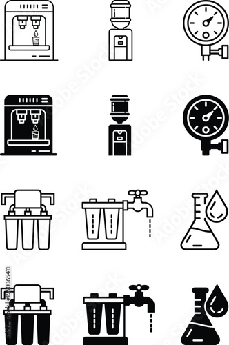Water Filtration and Measurement Devices Icons Set
