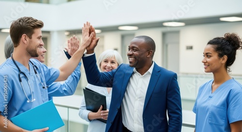A diverse group of healthcare professionals, including a doctor and nurses, celebrate a success with a highfive in a modern hospital hallway
