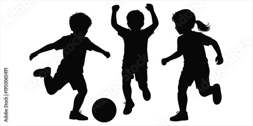 Silhouette of three children playing soccer on a white background football