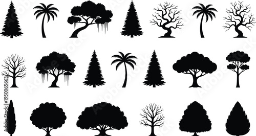 Large collection of tree silhouettes isolated on white background, vector set including pine, palm, leafless and forest trees for landscape design