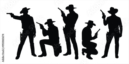 Silhouettes of Cowboys with Guns in Various Poses on White Background Keywords: cowboys, silhouette, guns, pistols, western, wild