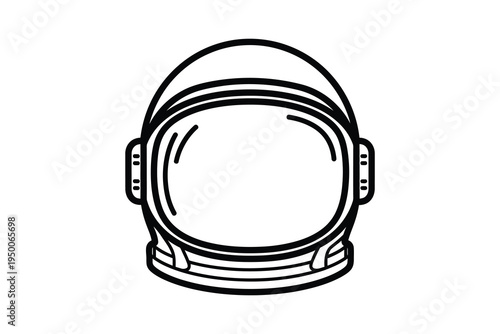 A black line drawing of an astronaut helmet on a white background, symbolizing space exploration and adventure.