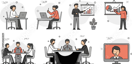 Diverse professionals collaborating and presenting data in office settings (1)