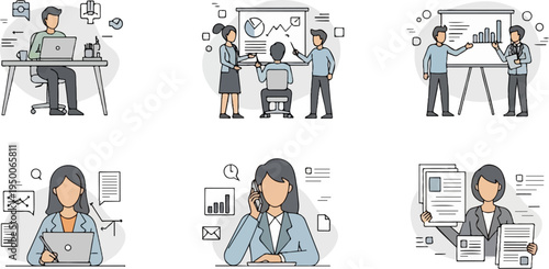 Diverse professionals collaborate, present data, and manage tasks in a modern office setting