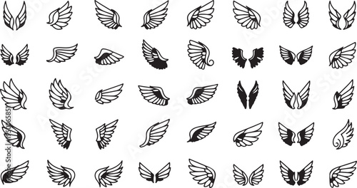 Sketch Angel Wings and Hand Drawn Bird Wing Vector Logo Set
