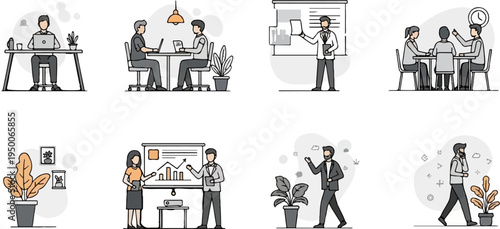 Diverse work settings, from solo desk work to collaborative meetings and presentations