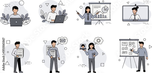 Flat design icons of people in professional settings using technology and presenting data