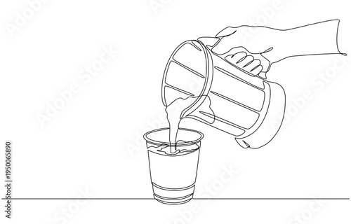 Continuous one line of hand pouring smoothie milk from blender into plastic cup, symbolizing cafe scene concept, single line art
