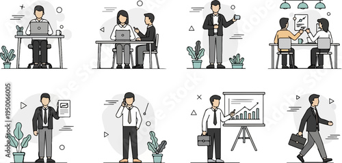 Business illustrations depicting professionals in office scenarios