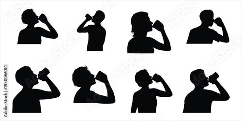 Silhouettes of diverse people drinking from cups and mugs Keywords: drinking, beverage, drink, cup, mug, coffee, tea, water