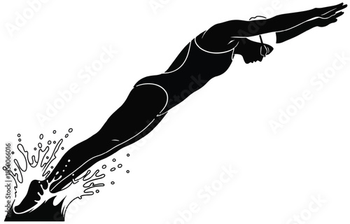 Competitive swimmer diving from a starting block with a splash silhouette in motion.