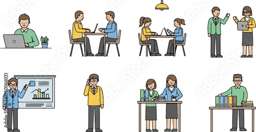 Office workers collaborating, presenting data, and handling tasks on computers