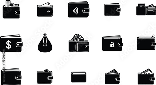 Silhouette of various bags and wallet with coins, bifold wallet with cards, RFID wallet, passport in wallet, money bag purse luggage in black on white background