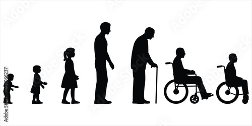 Silhouettes of human life stages from baby to elderly in wheelchairs vector illustration